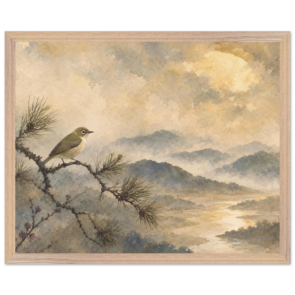 Golden Moon Bird, japanese art and japandi. Archival framed fine art print shown framed.