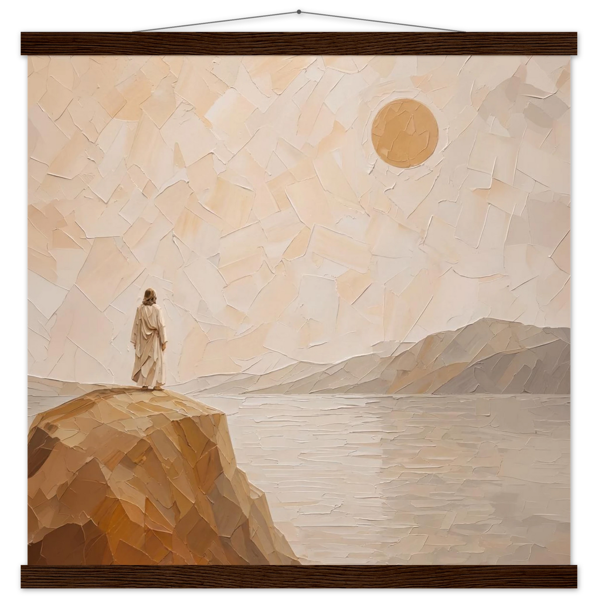 Salt Shore: jesus, cliff and sea. Fine art poster with wooden hanger by The Light Stays.