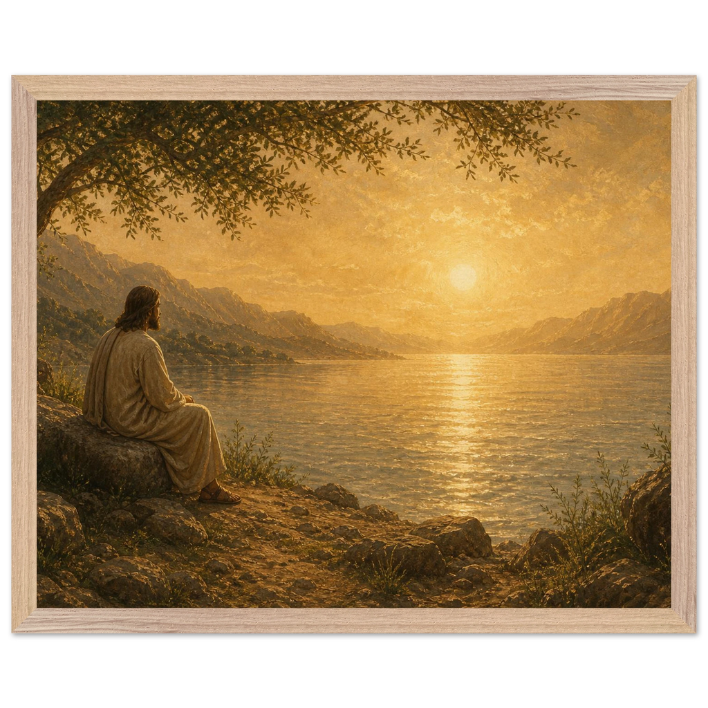 Quadro cristão Bênção do Lago, Jesus sob uma oliveira diante de um lago dourado