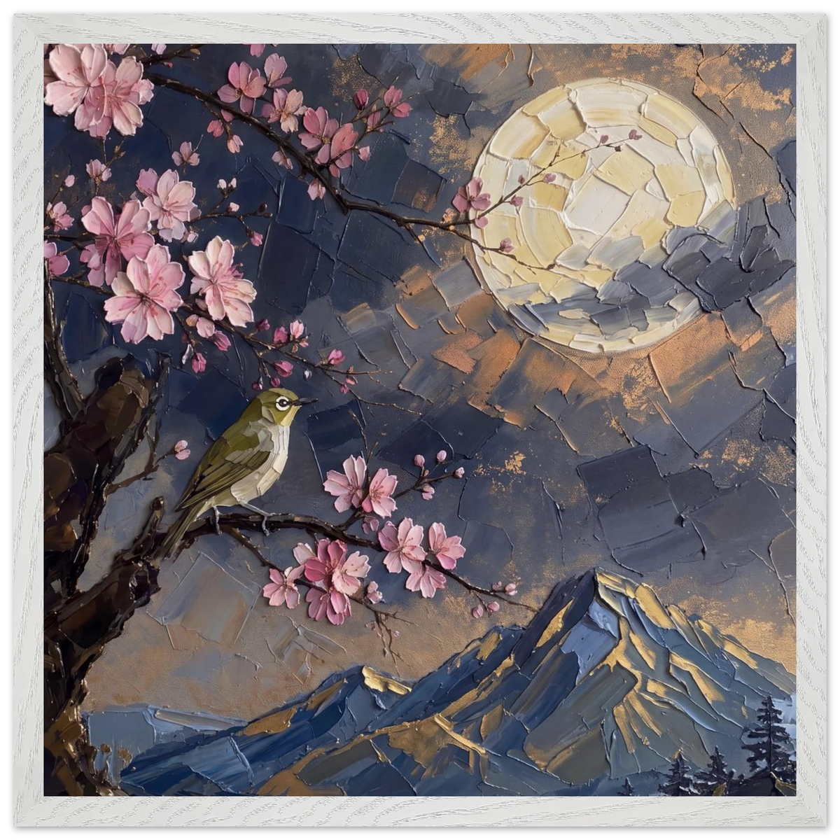 Blossom Moon: cherry blossom, japanese landscape and night. Framed fine art print by The Light Stays.