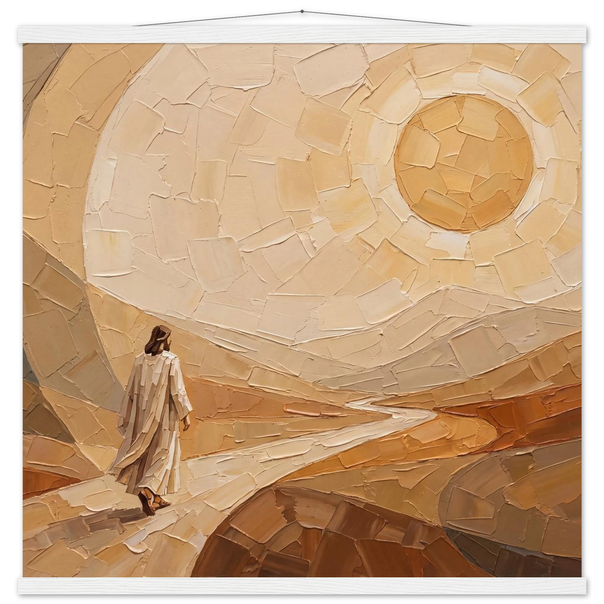 Lightfall: jesus, landscape and golden tones. Fine art poster with wooden hanger by The Light Stays.