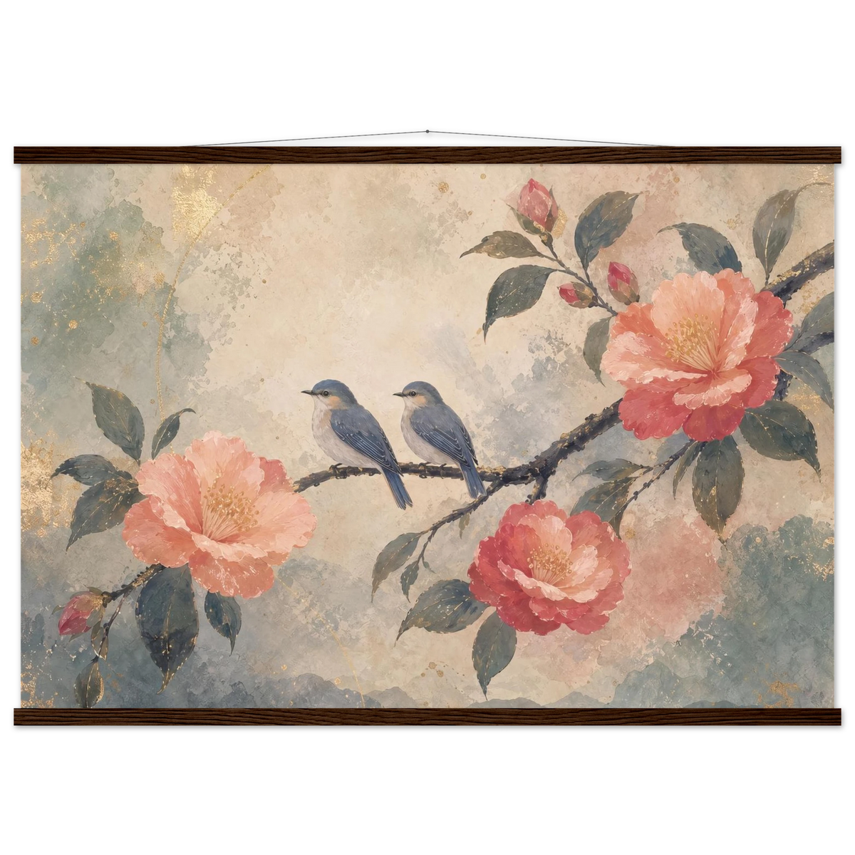 Camellia Birds: flowers and botanical. Museum-quality fine art poster.