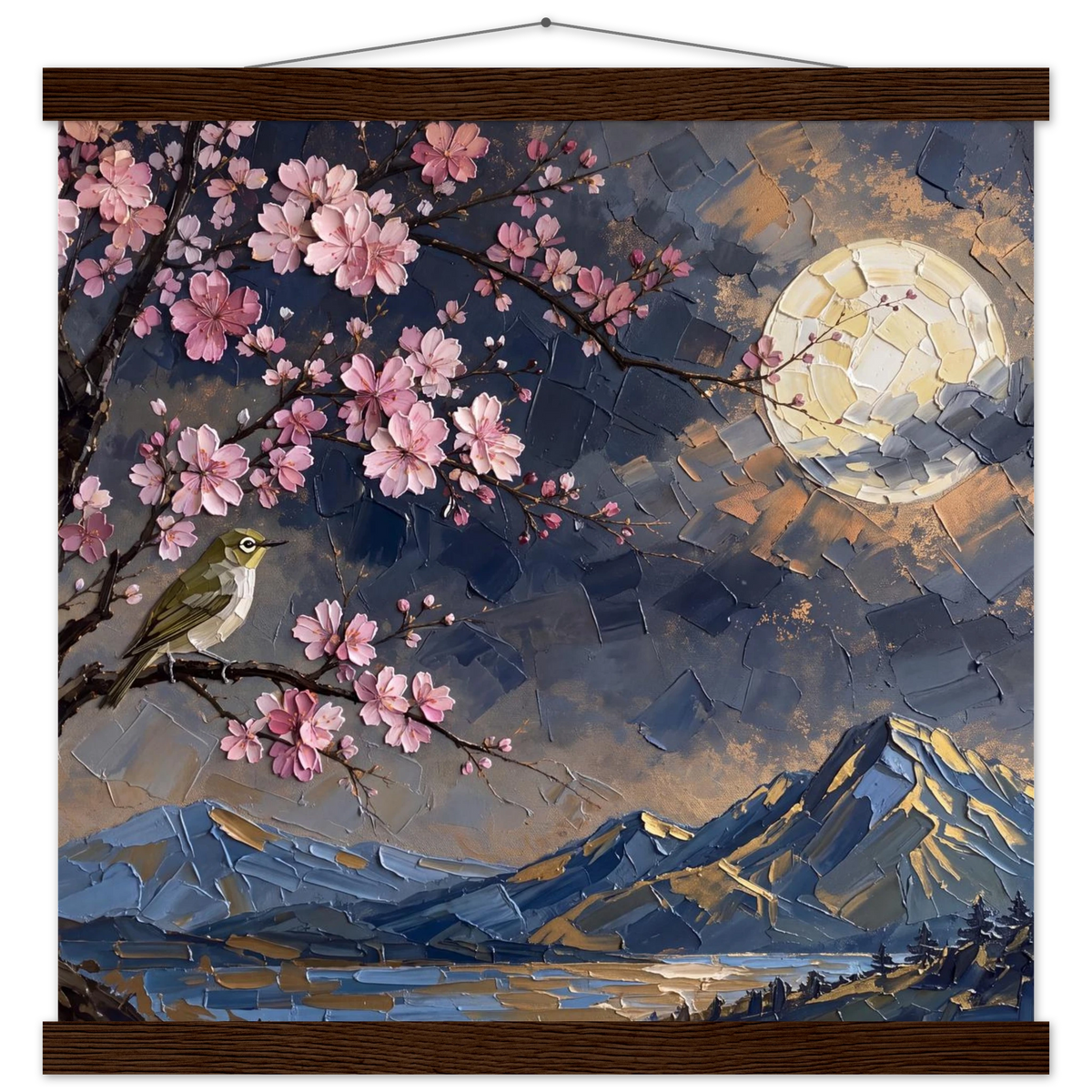 Blossom Moon: cherry blossom, japanese landscape and night. Fine art poster with wooden hanger by The Light Stays.