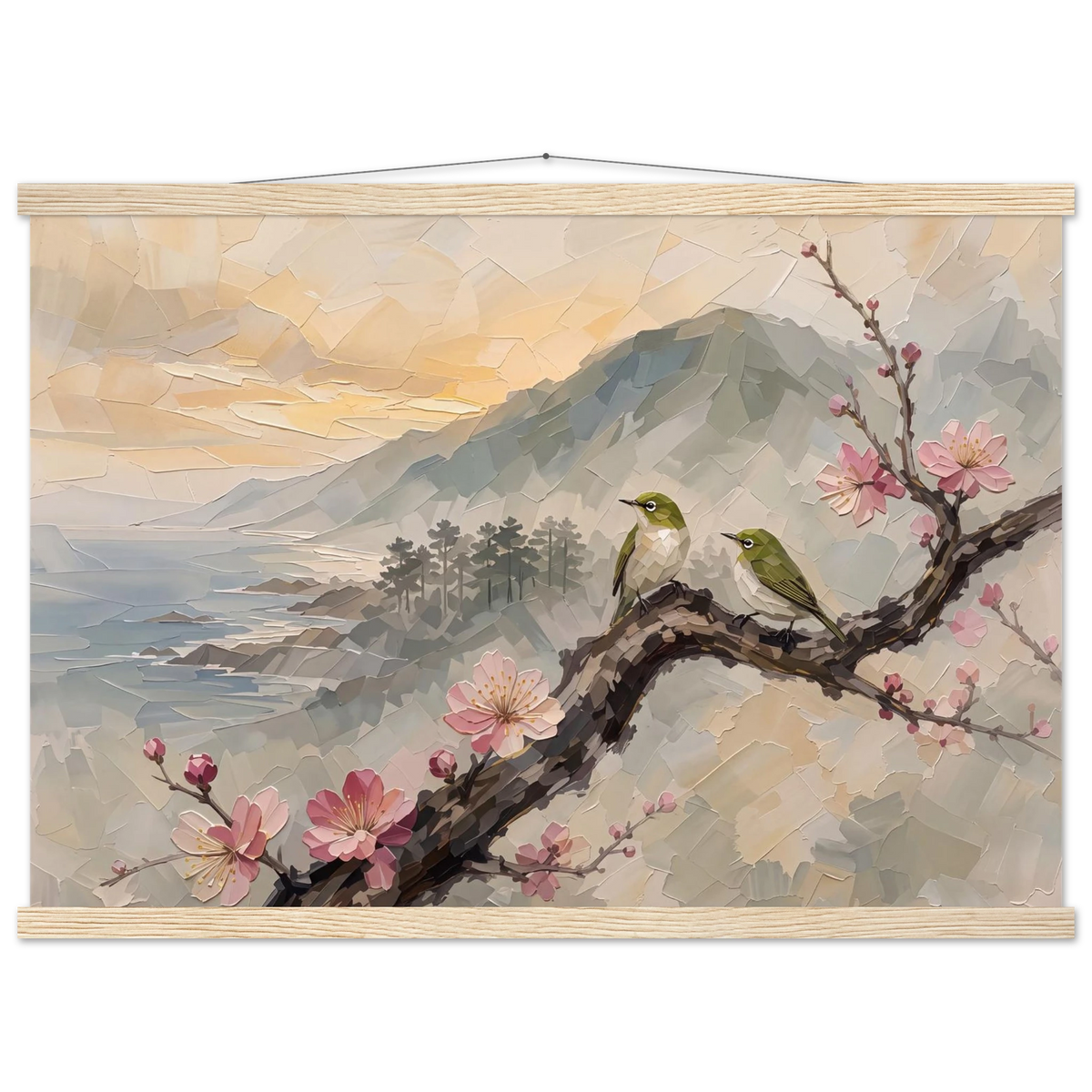 Plum Branch Pair: birds, japanese landscape and japandi. Fine art poster with wooden hanger by The Light Stays.