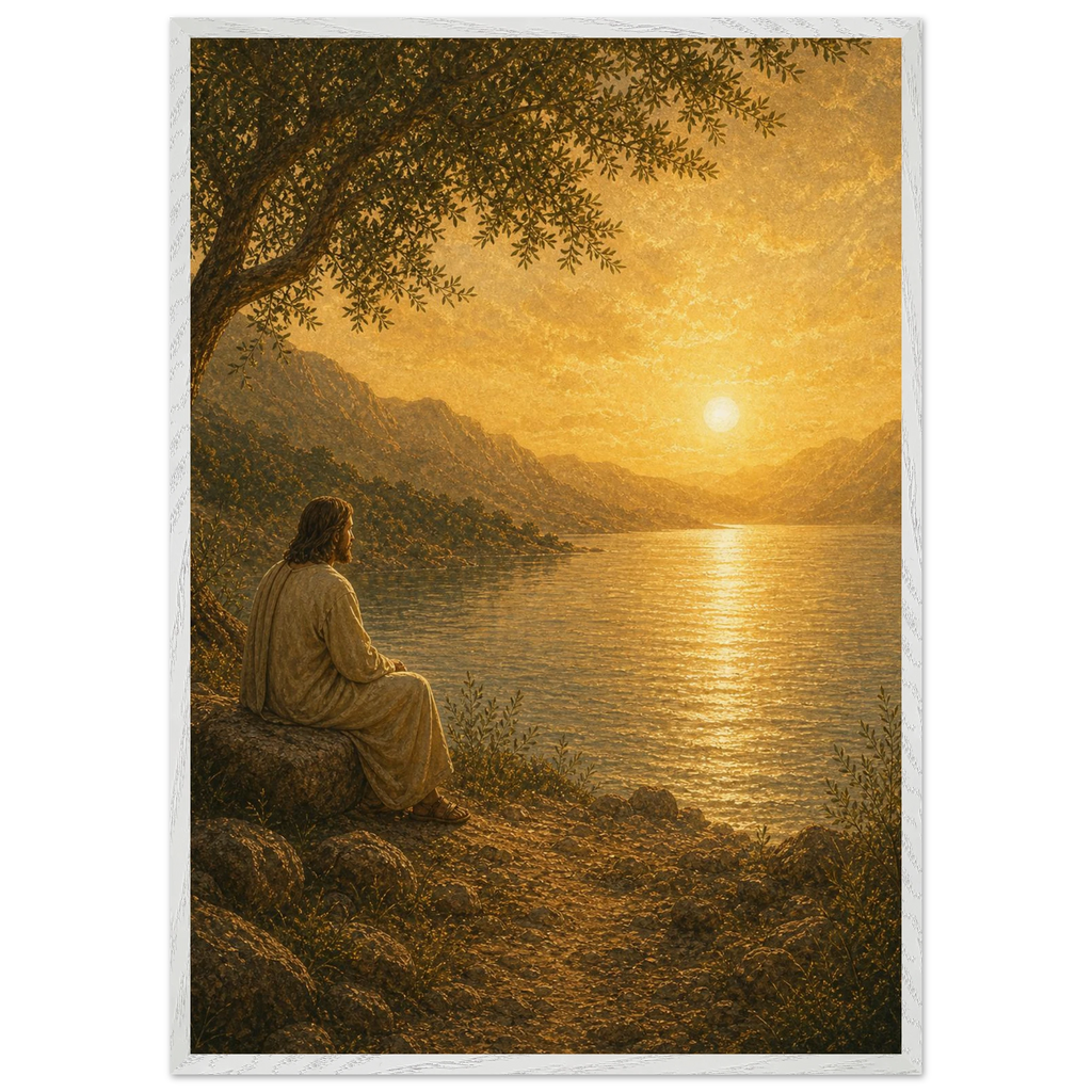 Quadro cristão Bênção do Lago, Jesus sob uma oliveira diante de um lago dourado
