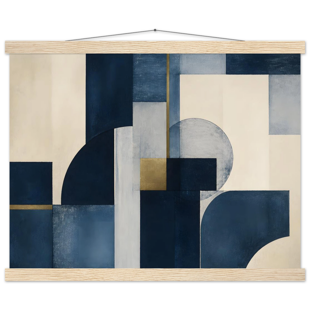 Blue Architecture, geometric abstract, blue and cream. Archival fine art poster shown framed.