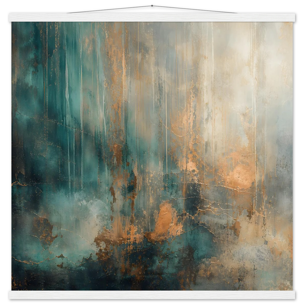Copper Rain: abstract, texture and metallic tones. Fine art poster with wooden hanger by The Light Stays.