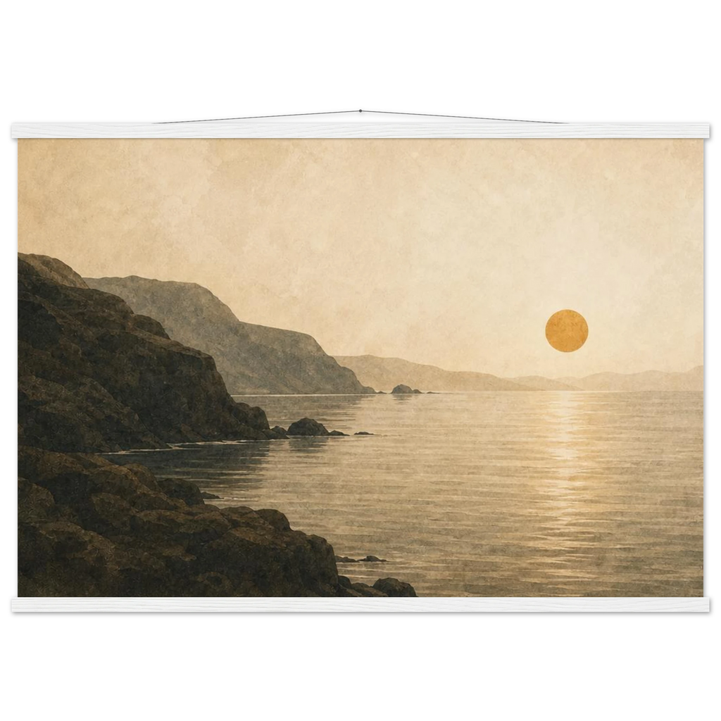 Pôster Amber Coast com suporte de madeira, pôr do sol em tons quentes sobre a costa