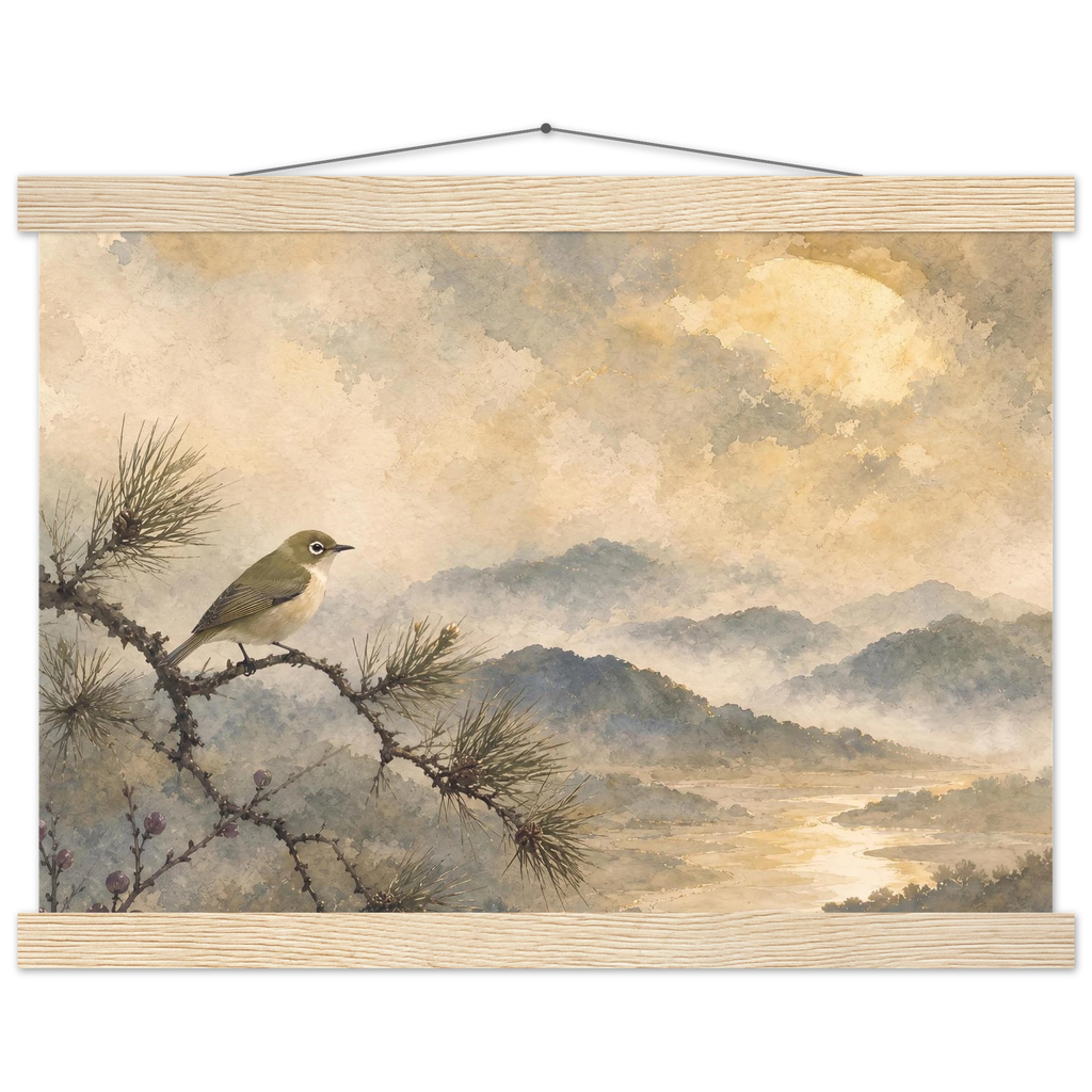 Golden Moon Bird: japanese art and japandi. Fine art poster by The Light Stays.
