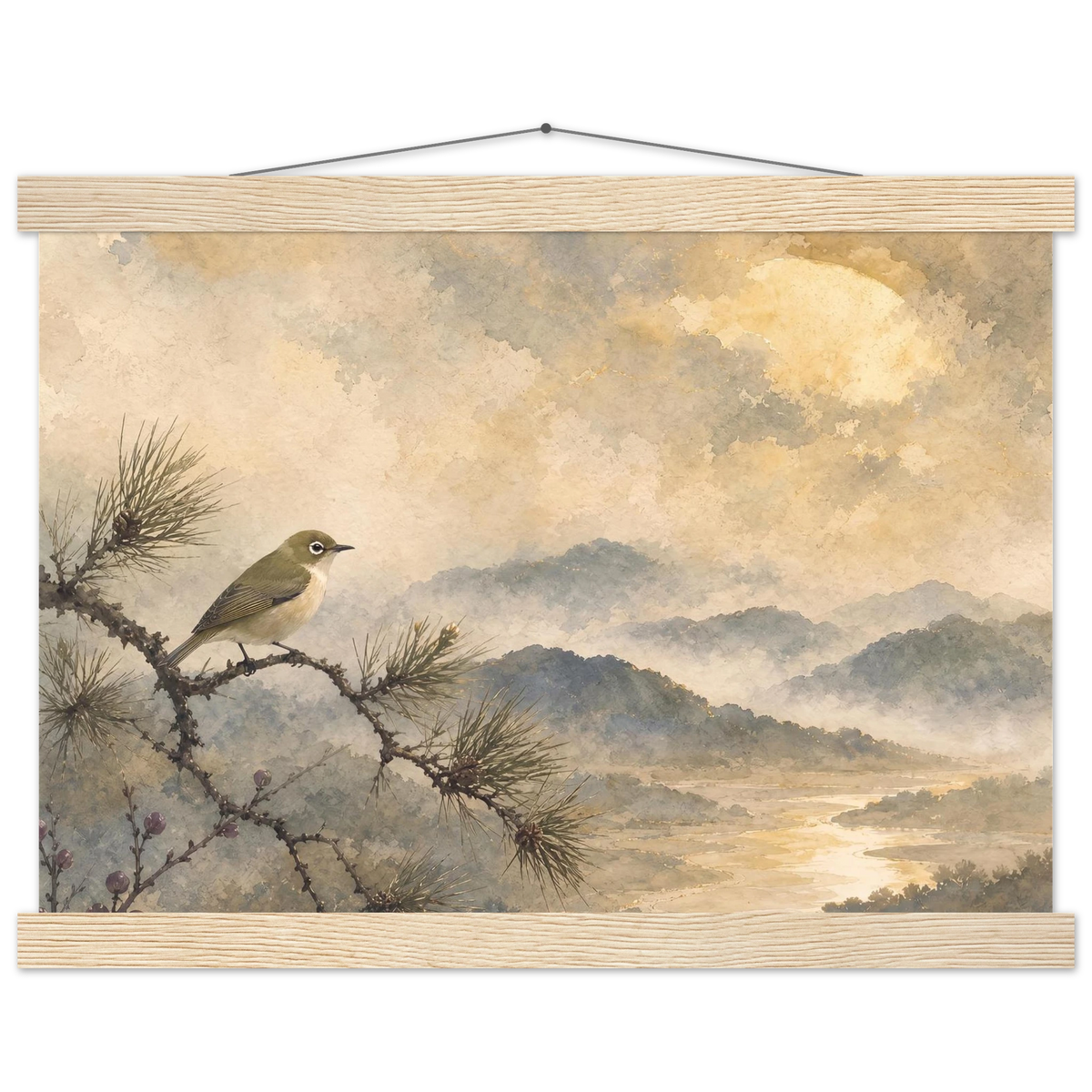 Golden Moon Bird: japanese art and japandi. Fine art poster by The Light Stays.