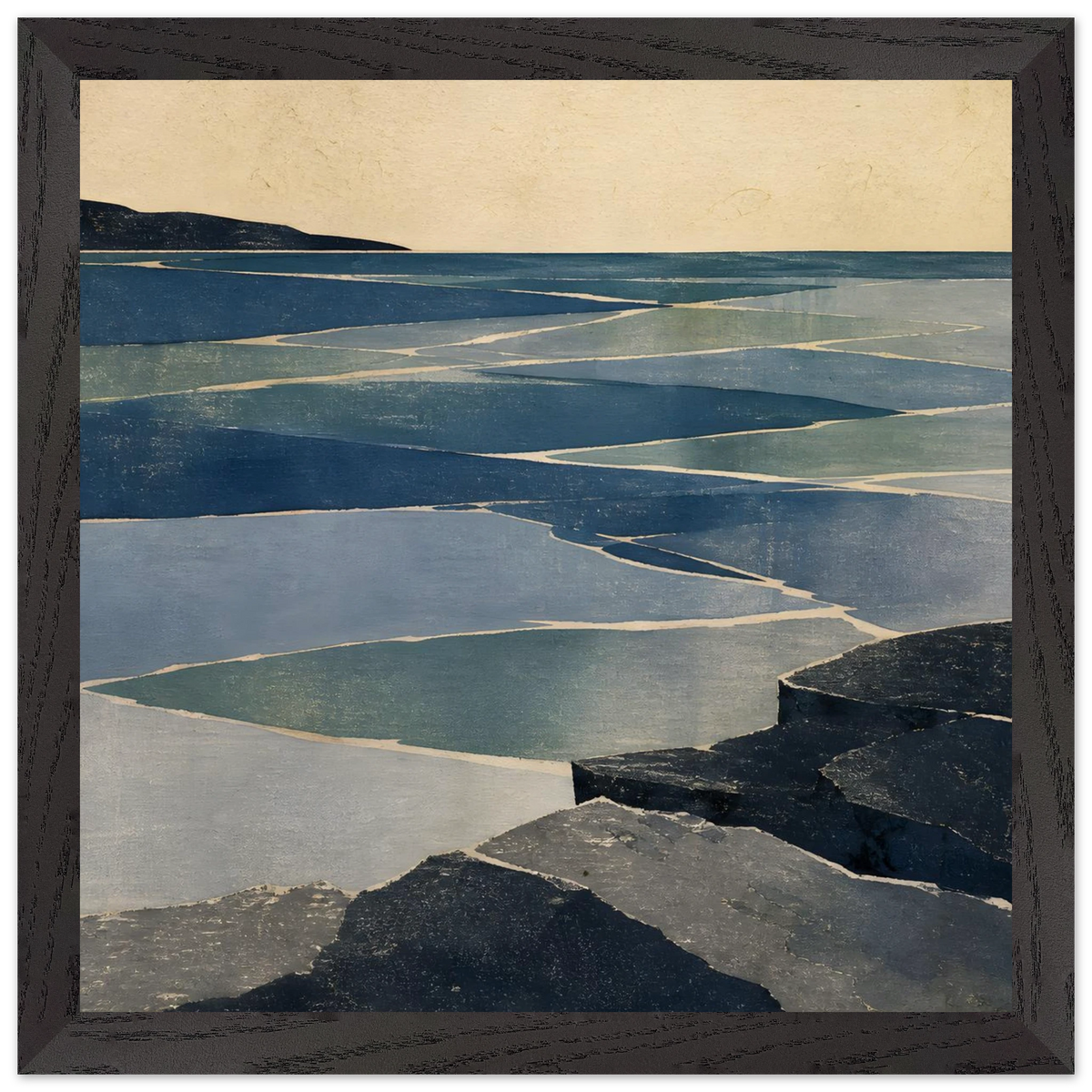 Indigo Tide: coastal landscape, jade water and japandi. Framed fine art print by The Light Stays.