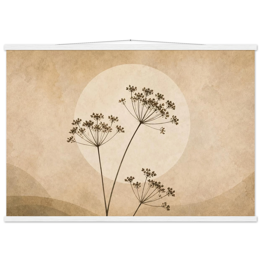 Pôster Wild Stems com suporte de madeira, hastes botânicas suaves em composição circular
