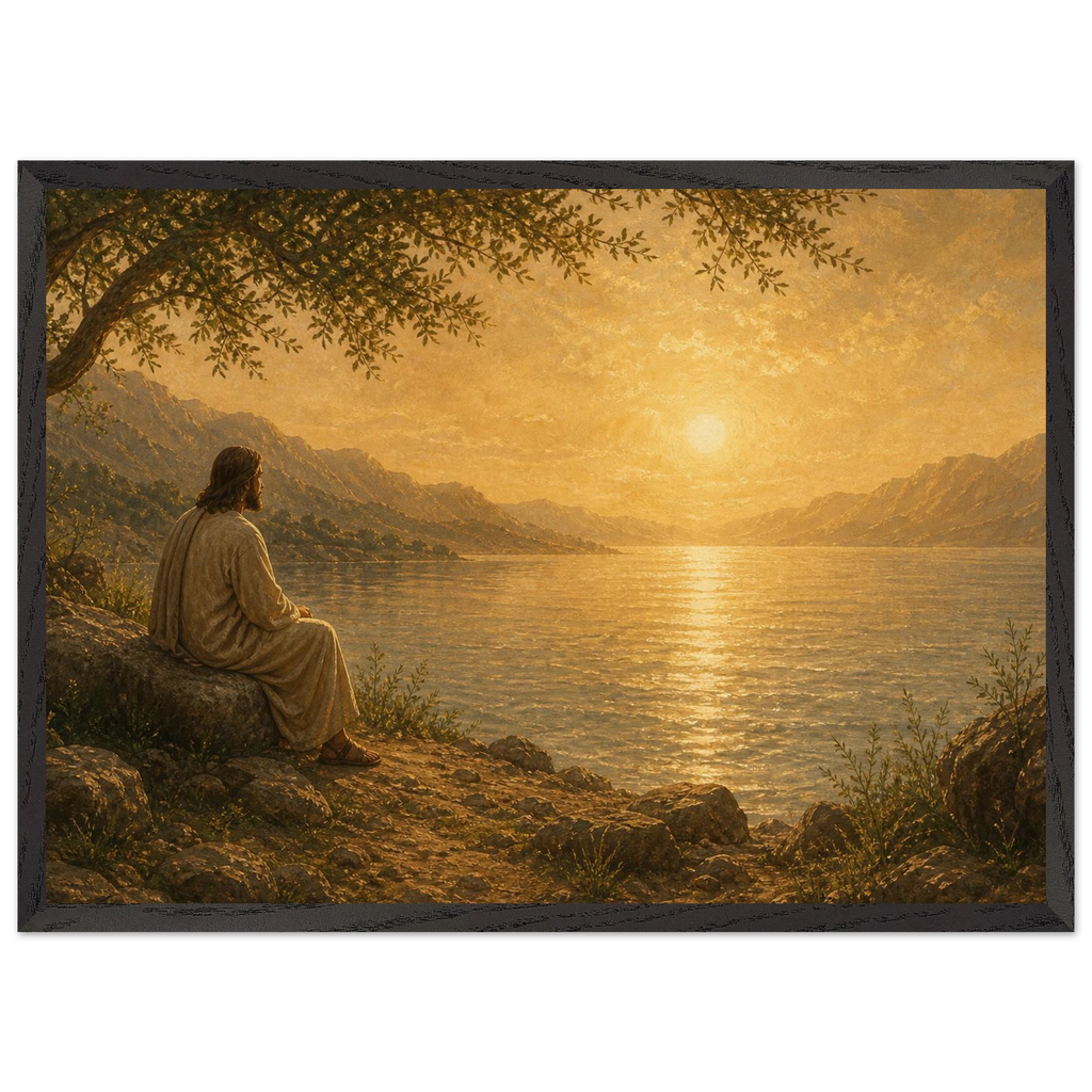 Quadro cristão Bênção do Lago, Jesus sob uma oliveira diante de um lago dourado