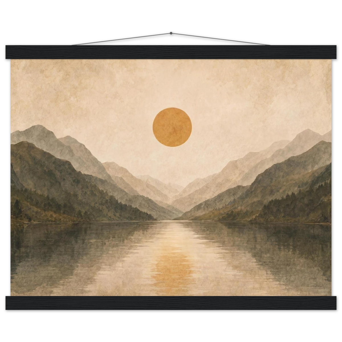 Lake Mirror: mountains, sunset and sun reflection. Fine art poster with wooden hanger by The Light Stays.