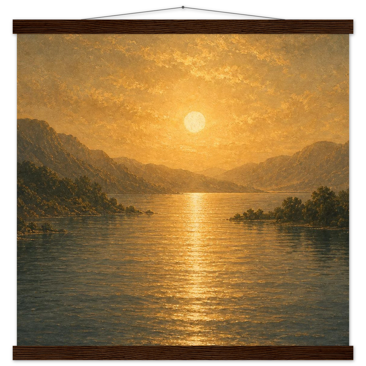 Golden Reflection: lake, sunset and mountains. Fine art poster with wooden hanger by The Light Stays.