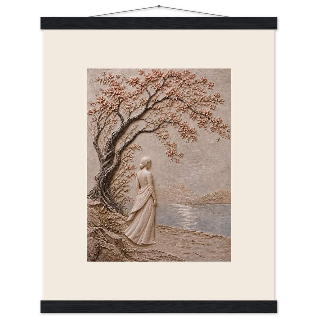 Spring Walk, impasto, lake and blossoming tree. Archival fine art poster shown framed.