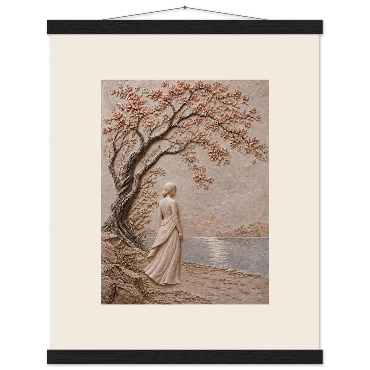 Spring Walk, impasto, lake and blossoming tree. Archival fine art poster shown framed.