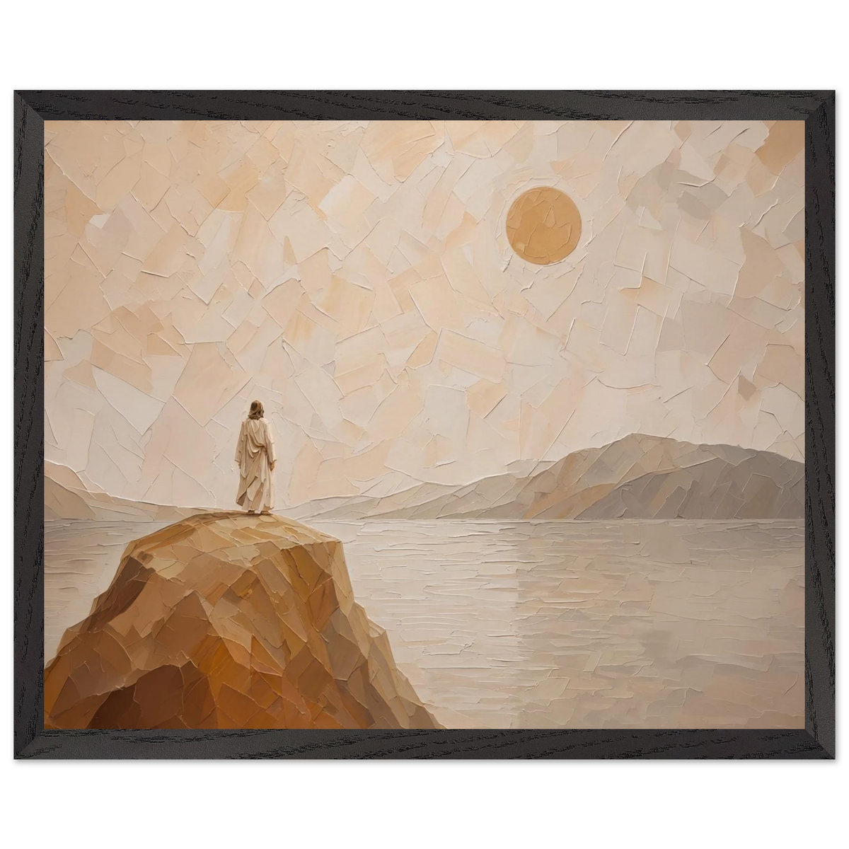 Salt Shore: jesus, cliff and sea. Framed fine art print by The Light Stays.