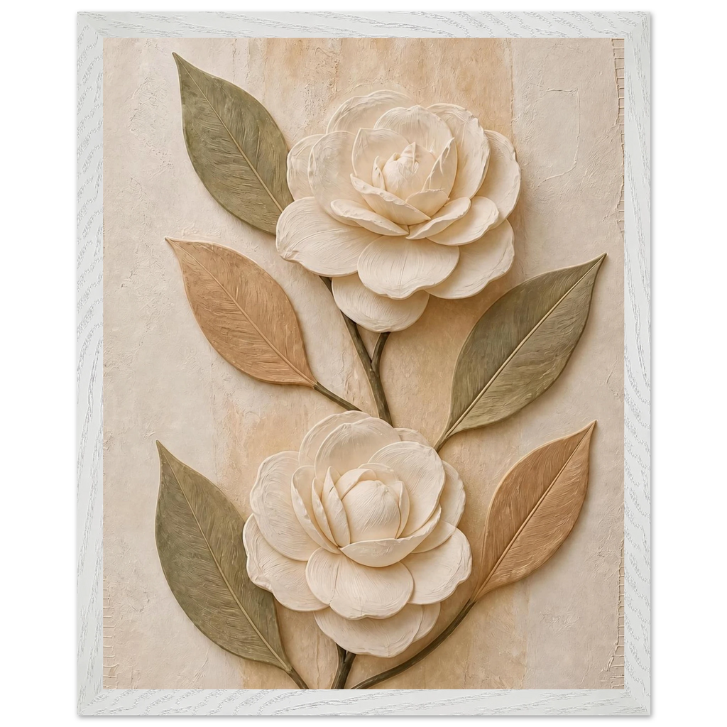 Carved Camellia: flowers and botanical. Museum-quality framed fine art print.