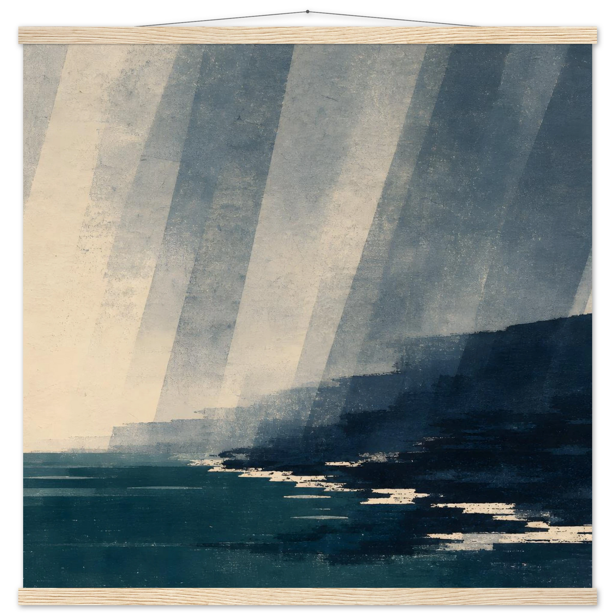 Rain Coast: japandi, teal blue and atmosphere. Fine art poster with wooden hanger by The Light Stays.