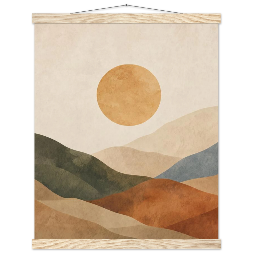 Pôster Clay Sun com suporte de madeira, sol quente sobre colinas em tons de terra