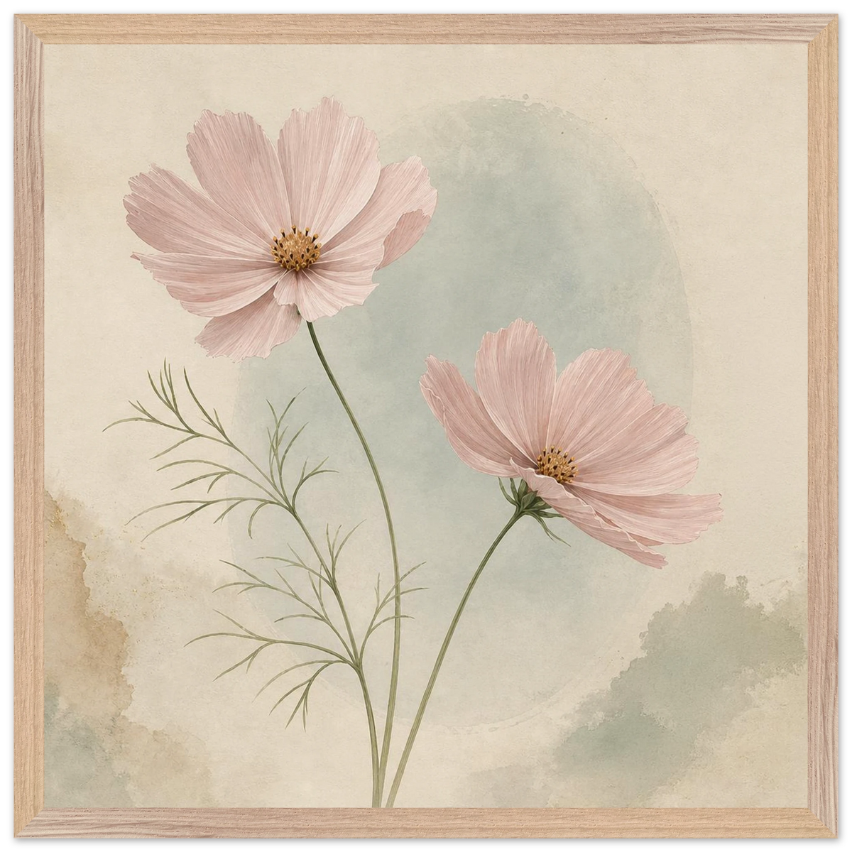 Cosmos Unison: flowers, blush and celadon. Framed fine art print by The Light Stays.