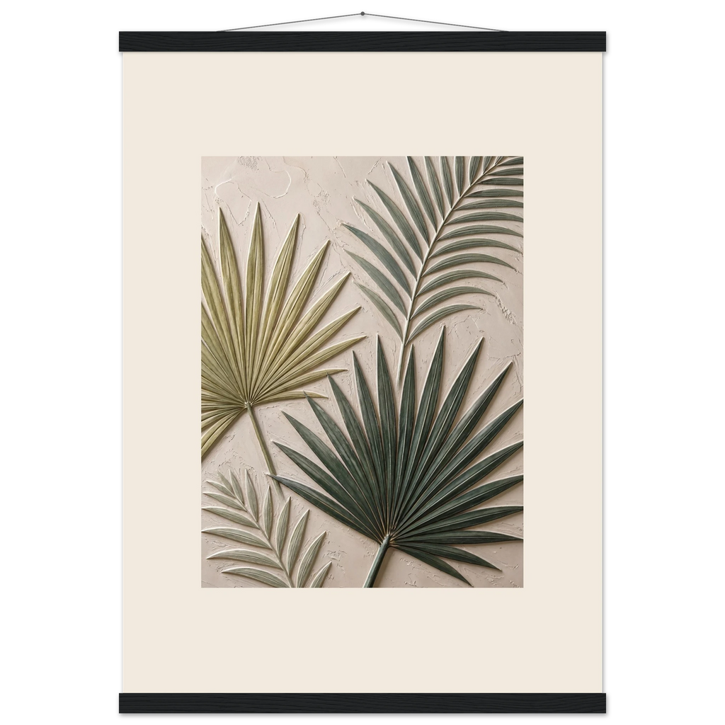Carved Fronds, impasto, leaves and sand tones. Archival fine art poster shown framed.