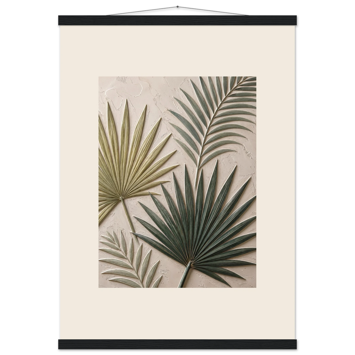 Carved Fronds, impasto, leaves and sand tones. Archival fine art poster shown framed.