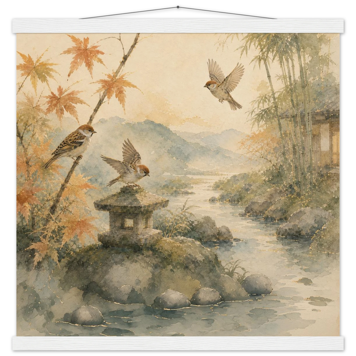Three Birds Morning: birds, japanese landscape and japandi. Fine art poster with wooden hanger by The Light Stays.
