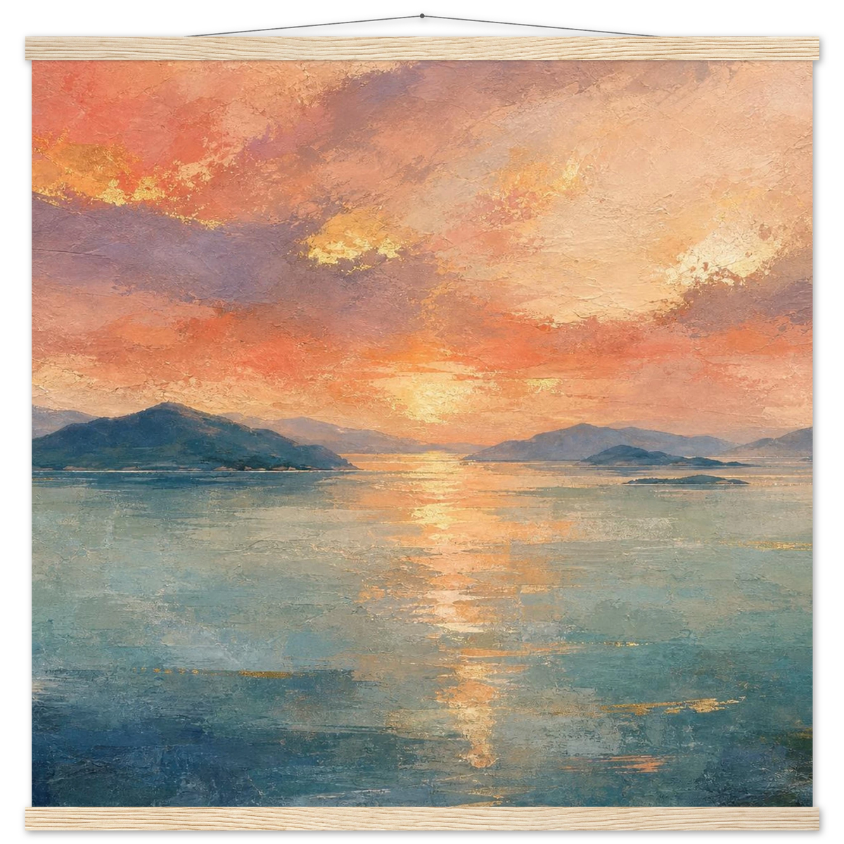 Setouchi Peach Dawn: inland sea, islands and golden reflection. Fine art poster with wooden hanger by The Light Stays.