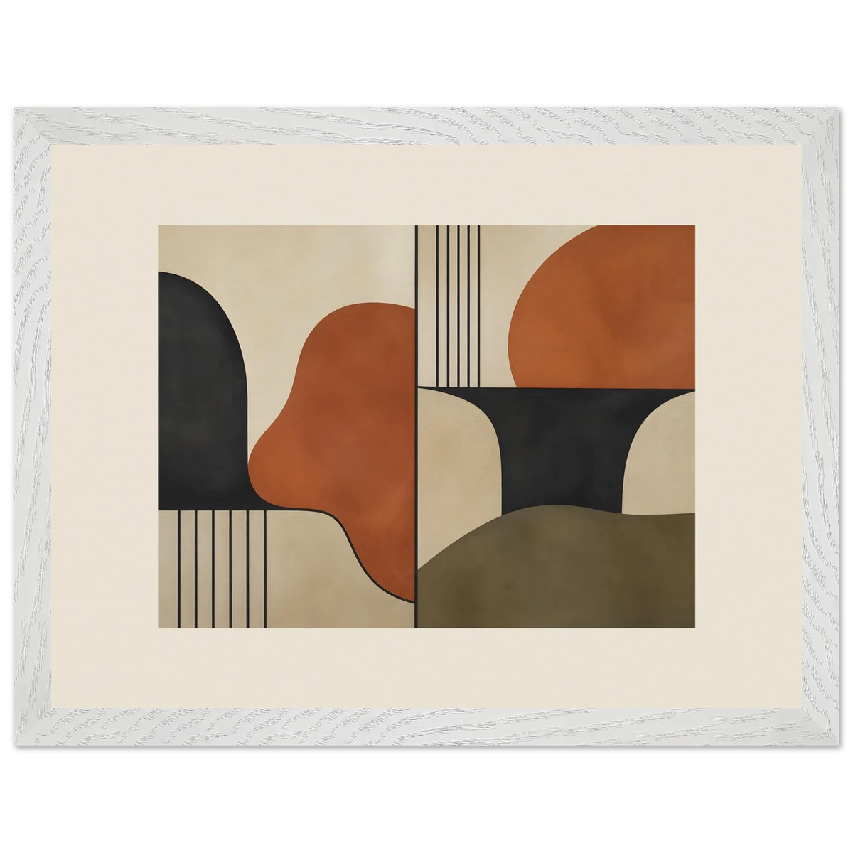 Compass and Clay: geometric abstract, clay and curves. Framed fine art print, alternate frame and size.