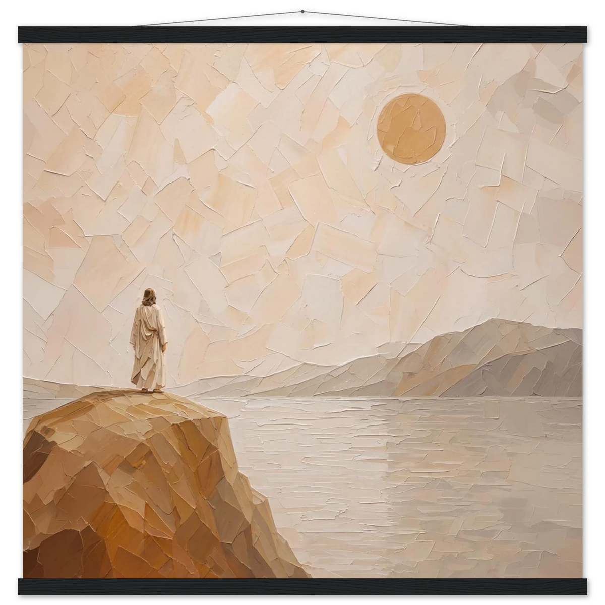 Salt Shore: jesus, cliff and sea. Fine art poster with wooden hanger by The Light Stays.