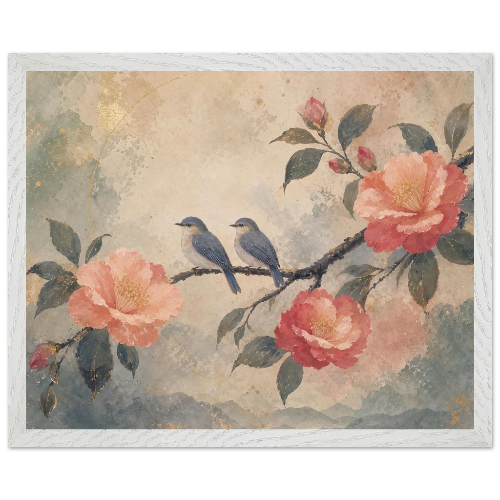 Camellia Birds: flowers and botanical. Framed fine art print by The Light Stays.