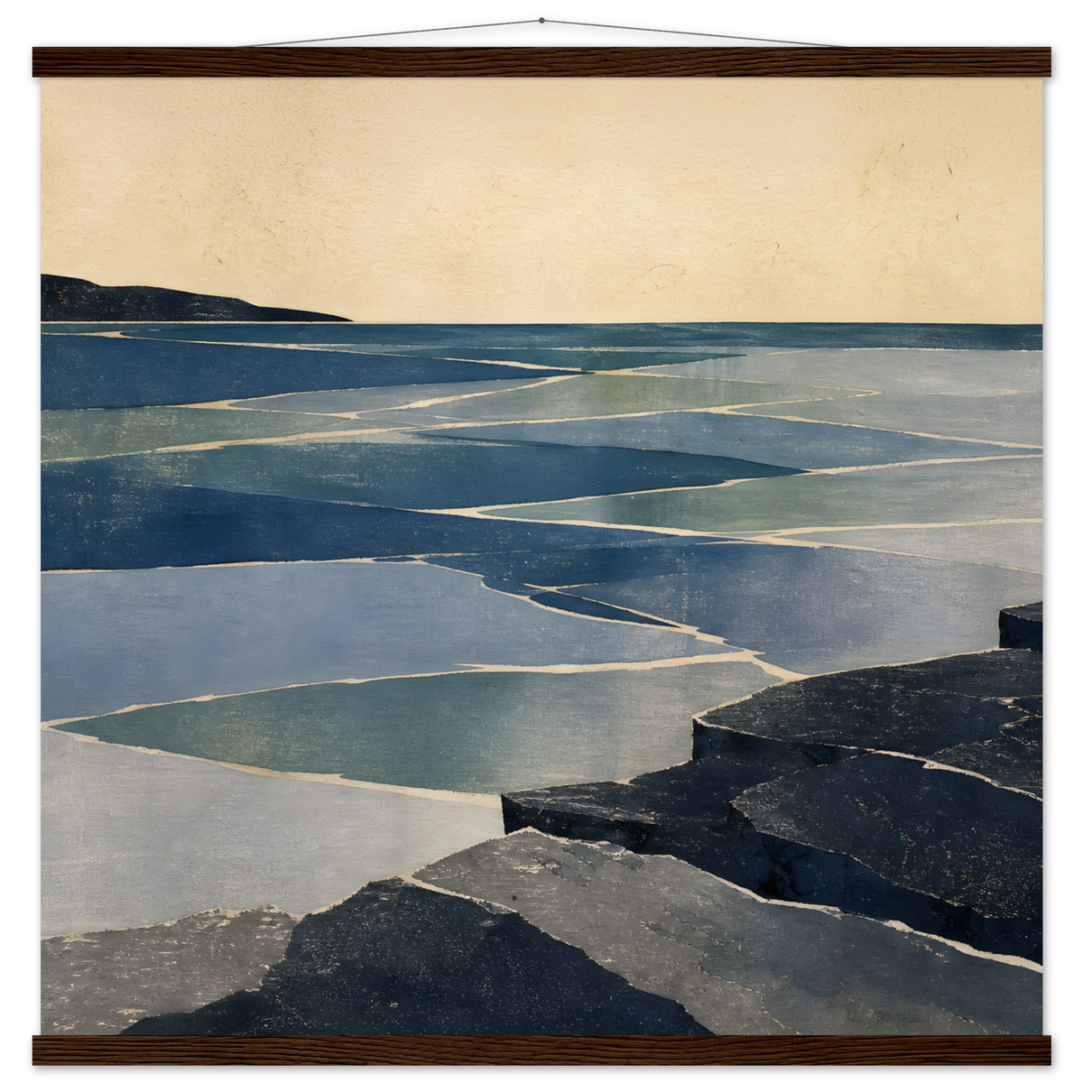 Indigo Tide: coastal landscape, jade water and japandi. Fine art poster with wooden hanger by The Light Stays.