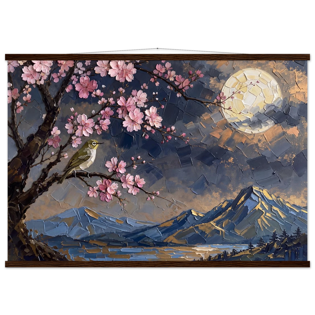 Blossom Moon: cherry blossom, japanese landscape and night. Fine art poster with wooden hanger by The Light Stays.