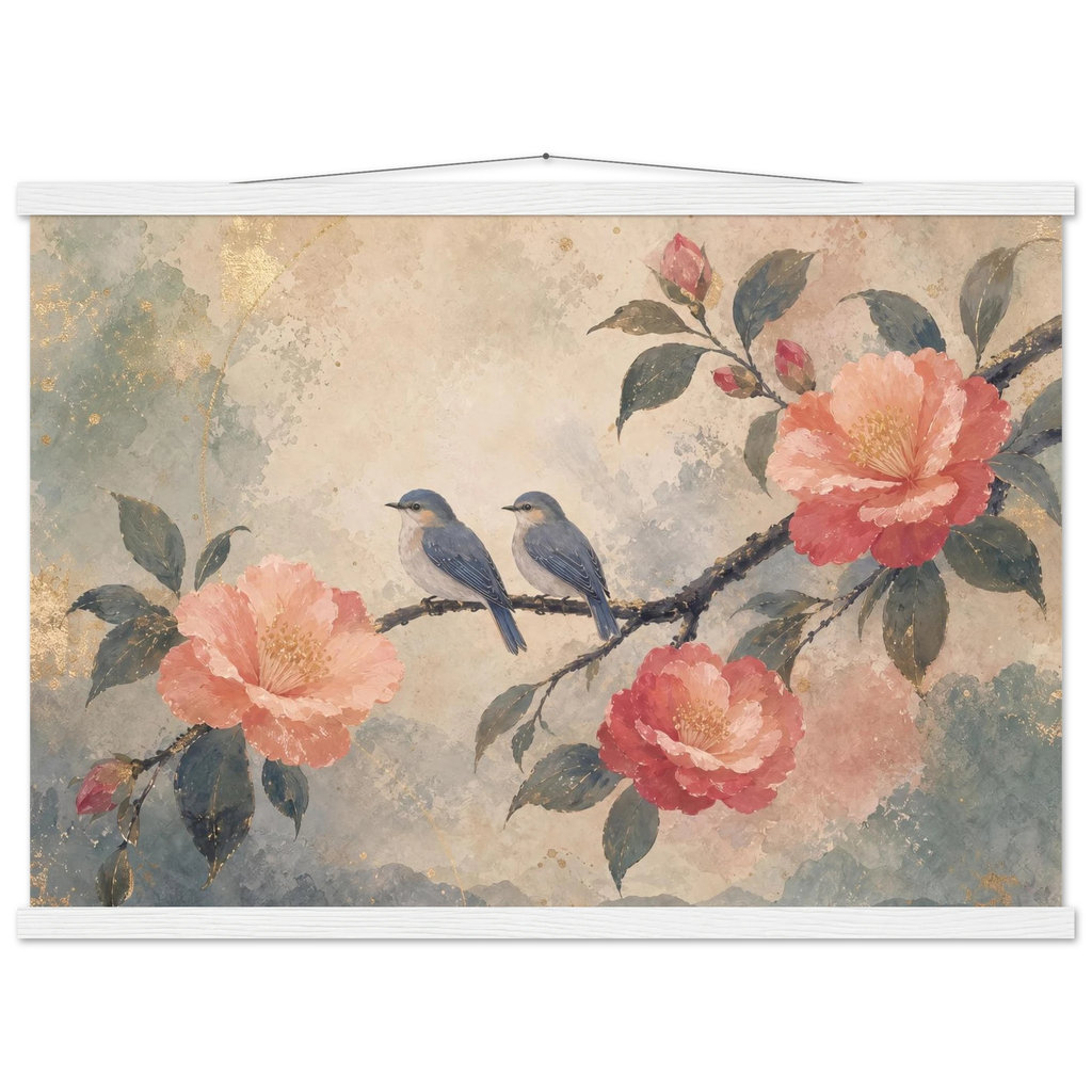 Camellia Birds: flowers and botanical. Museum-quality fine art poster.