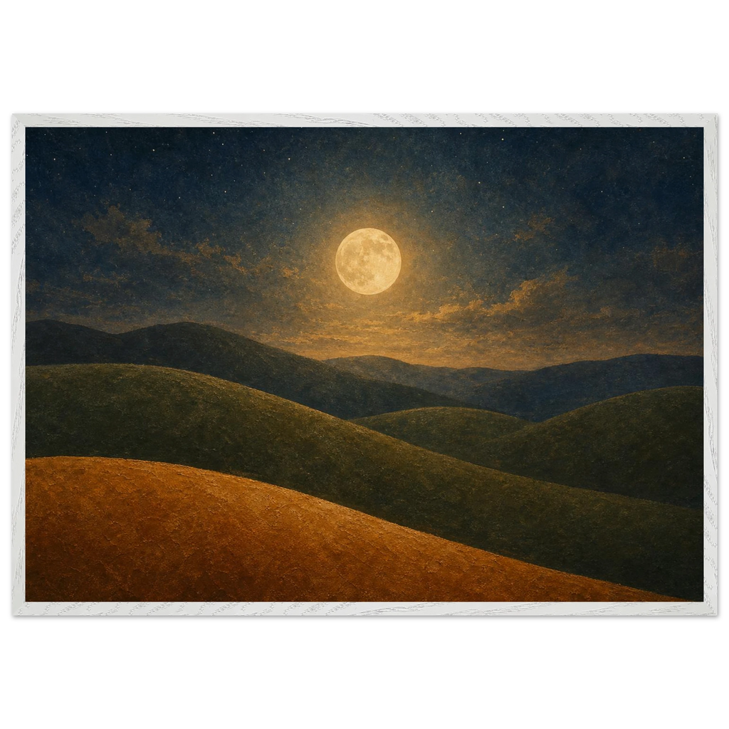 Quadro emoldurado Colinas da Lua, lua cheia sobre colinas em oliva e argila