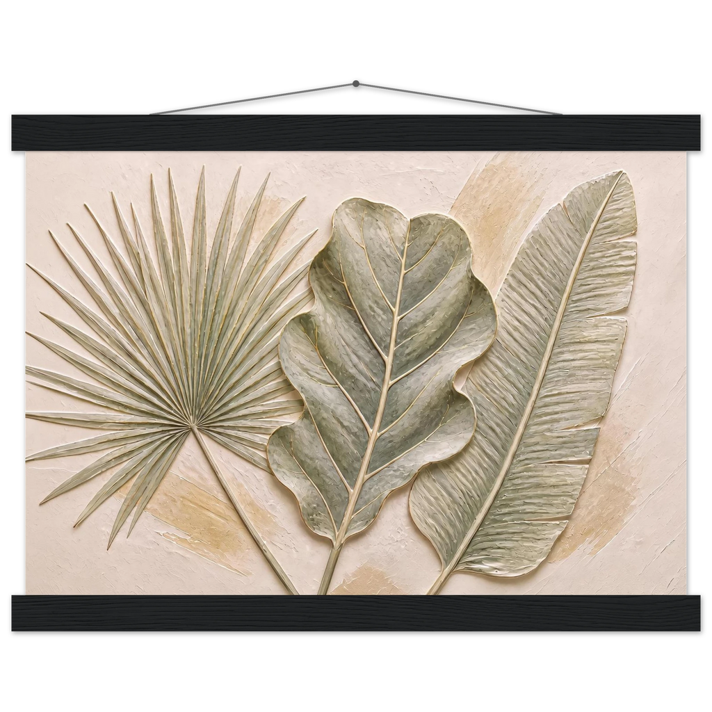Three Leaves: botanical and nature. Fine art poster, alternate frame and size.