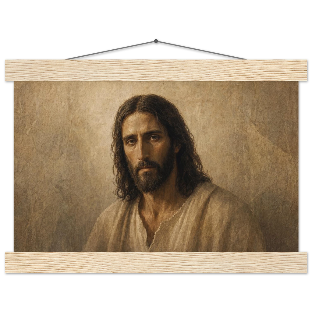 Pôster Kind Eyes com suporte de madeira, retrato sereno de Jesus em luz quente