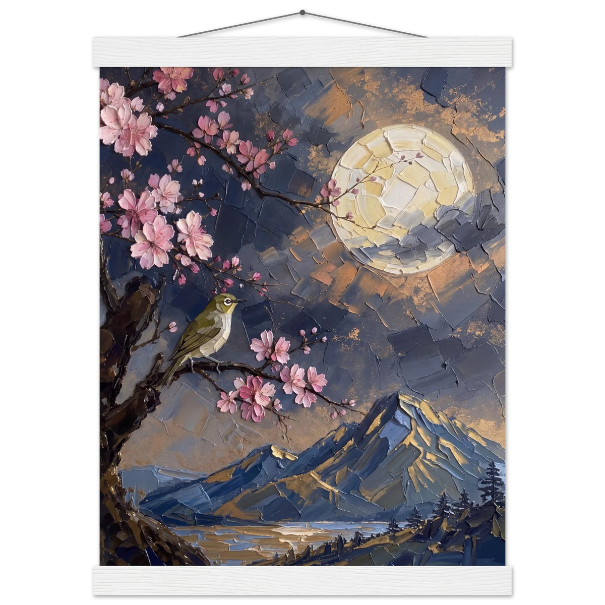 Blossom Moon: cherry blossom, japanese landscape and night. Fine art poster with wooden hanger by The Light Stays.