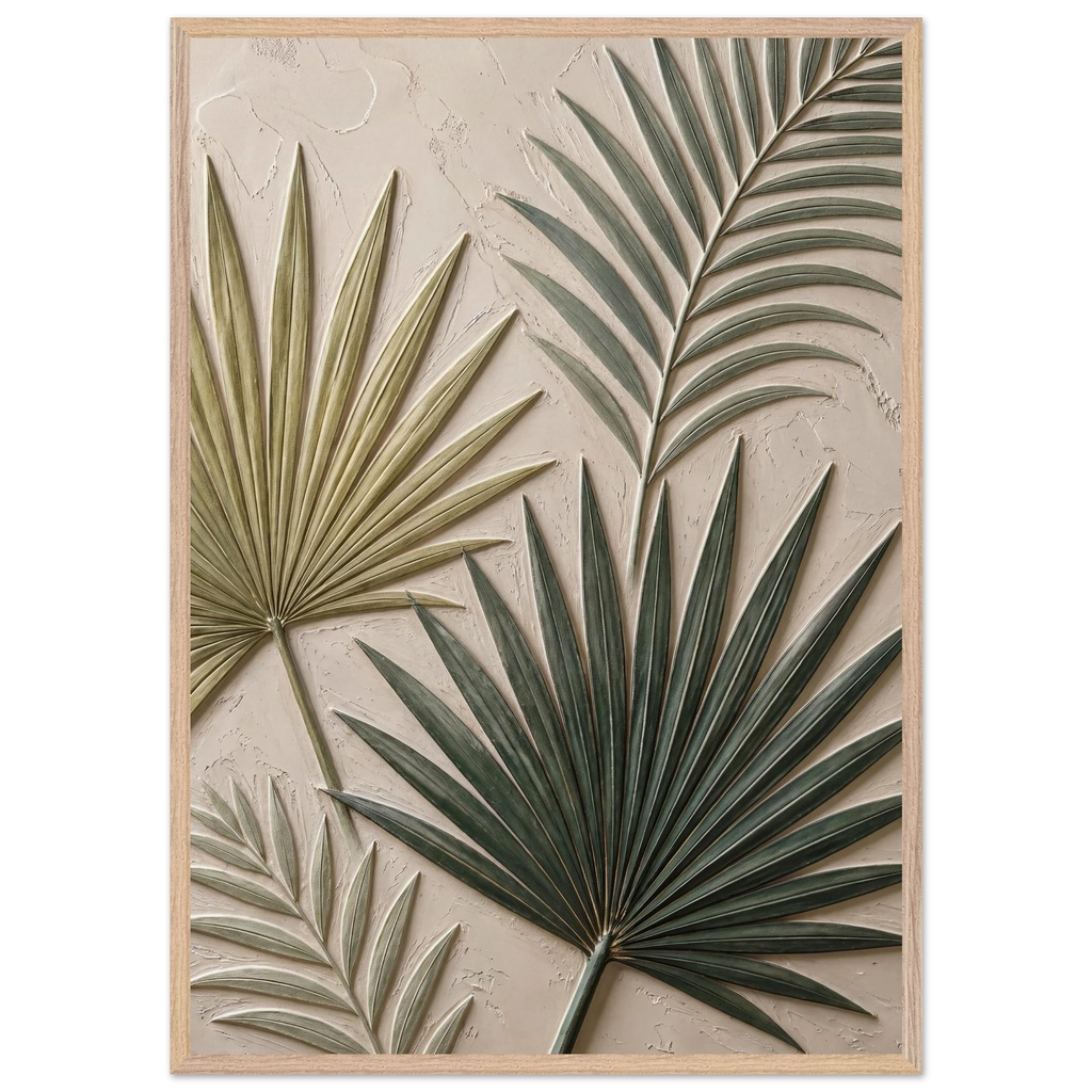 Carved Fronds: impasto, leaves and sand tones. Museum-quality framed fine art print.