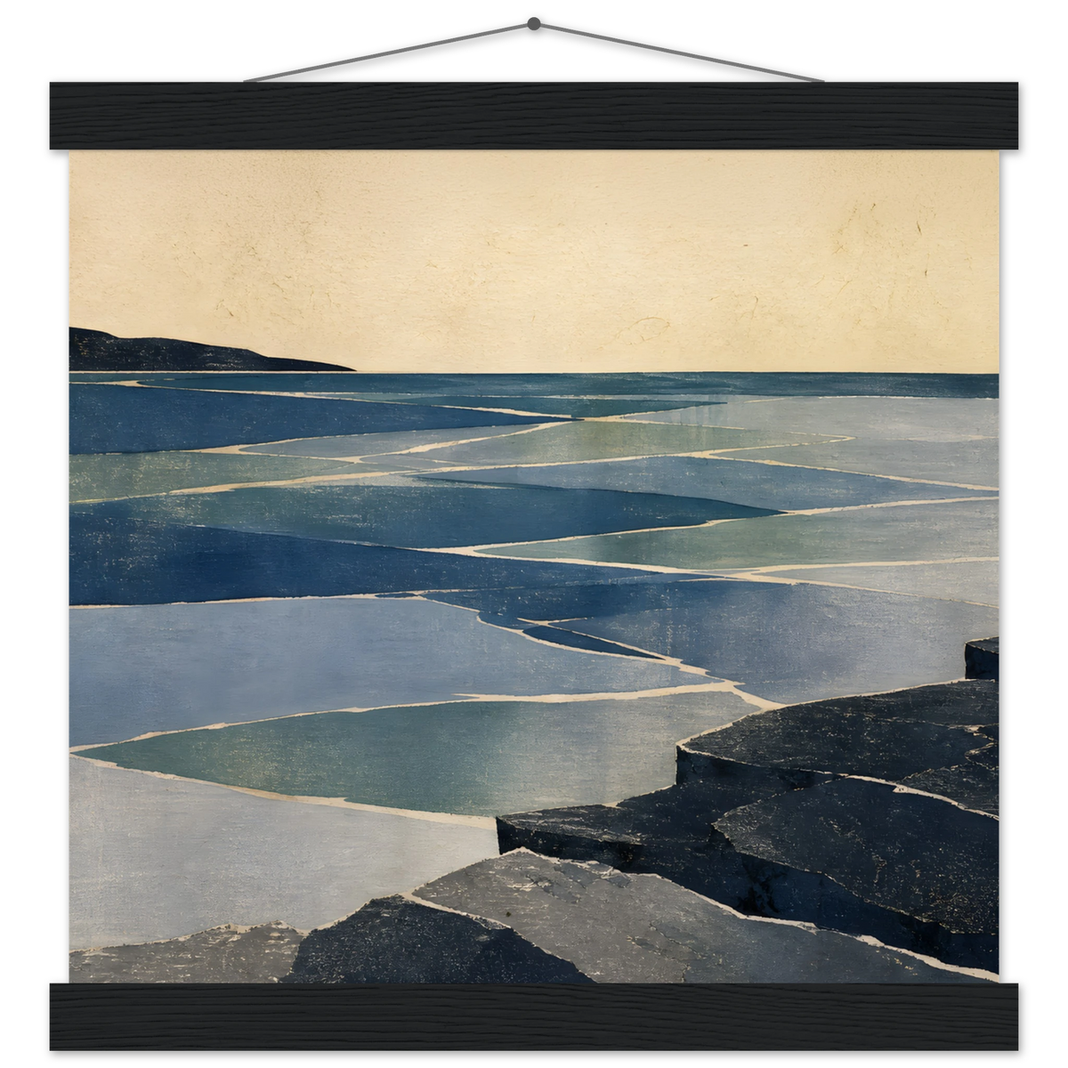 Indigo Tide: coastal landscape, jade water and japandi. Fine art poster with wooden hanger by The Light Stays.