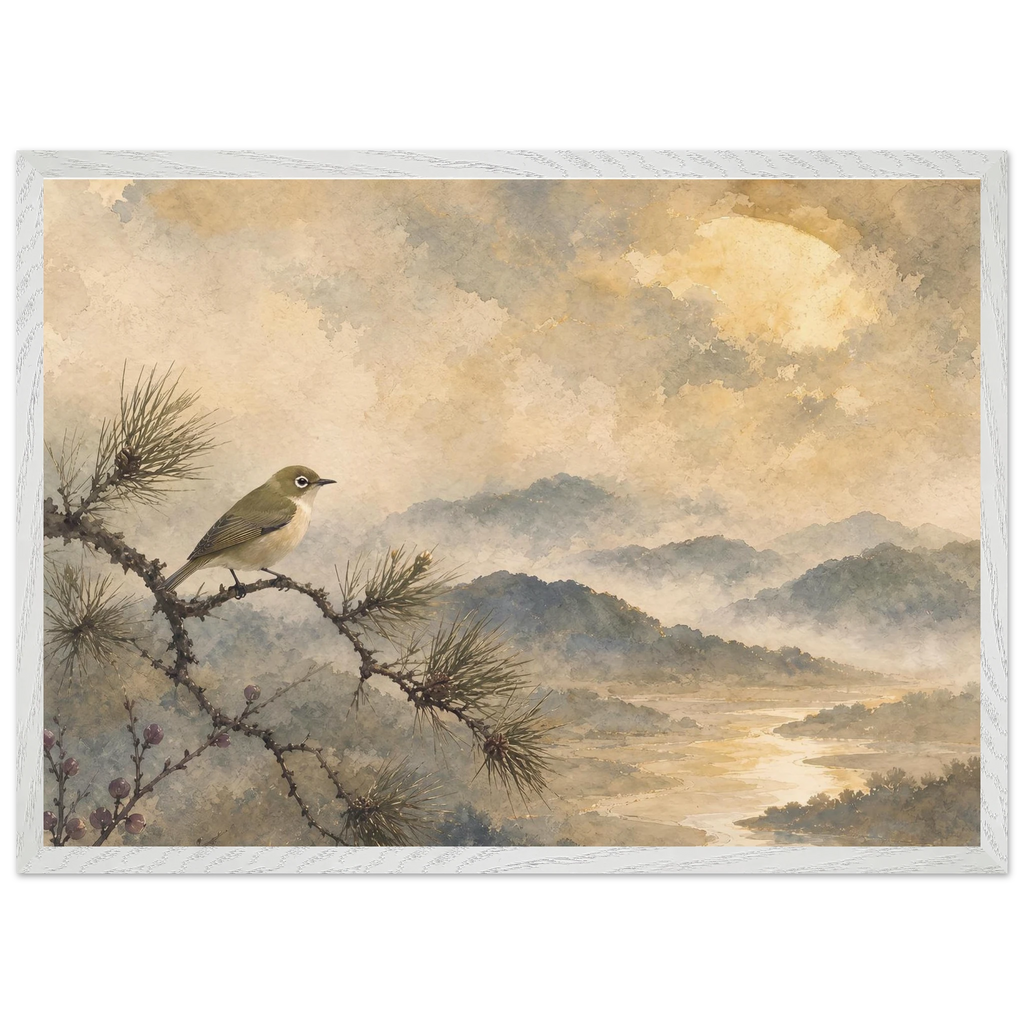 Golden Moon Bird: japanese art and japandi. Museum-quality framed fine art print.