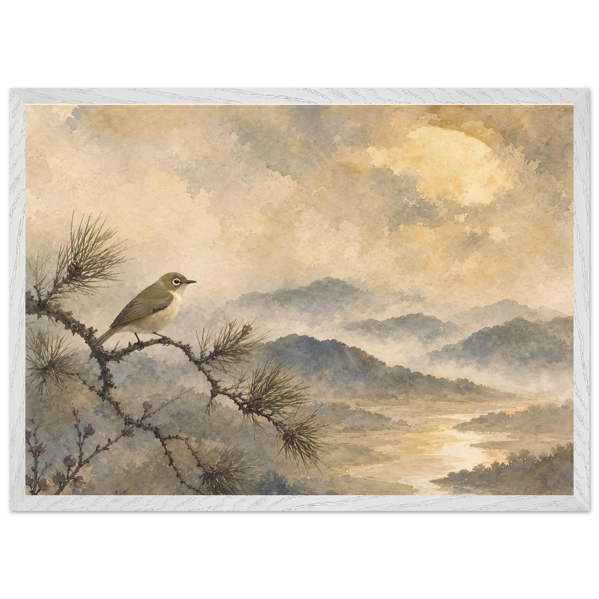 Golden Moon Bird: japanese art and japandi. Museum-quality framed fine art print.