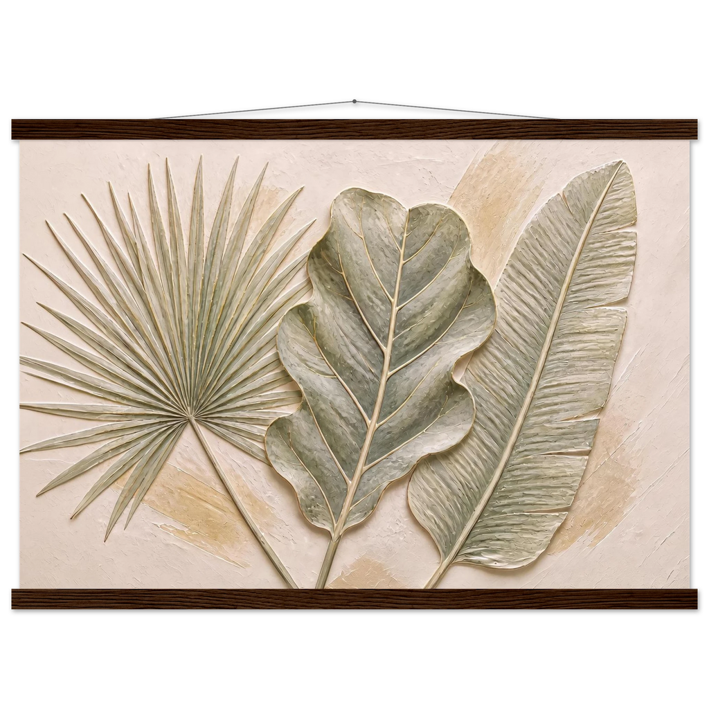 Three Leaves, botanical and nature. Archival fine art poster shown framed.