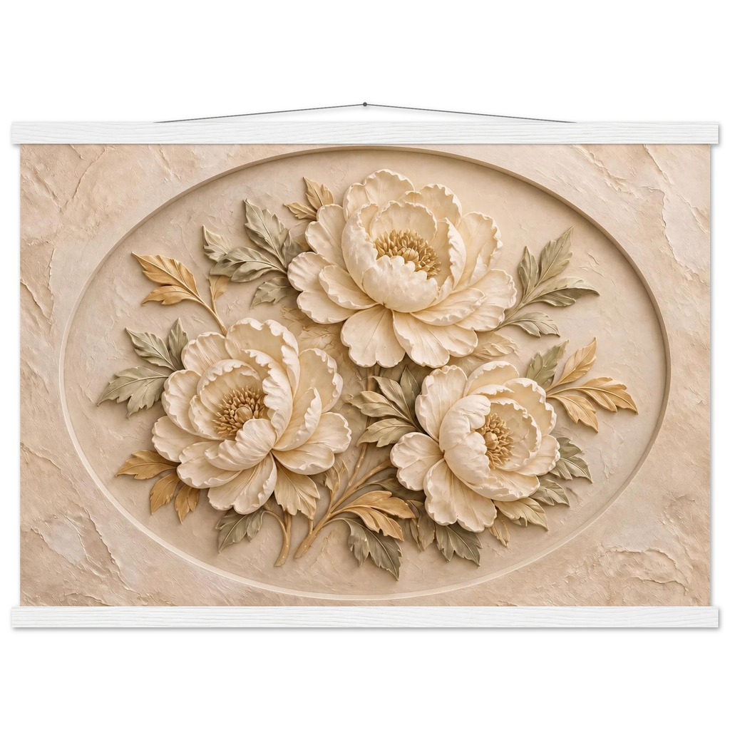 Peonies in Stone, flowers and botanical. Archival fine art poster shown framed.