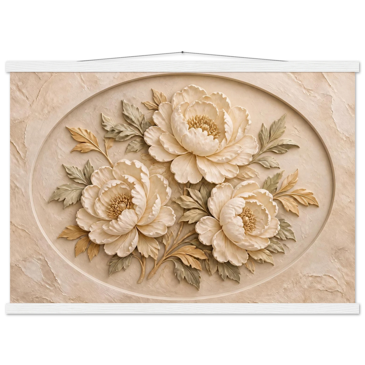 Peonies in Stone, flowers and botanical. Archival fine art poster shown framed.