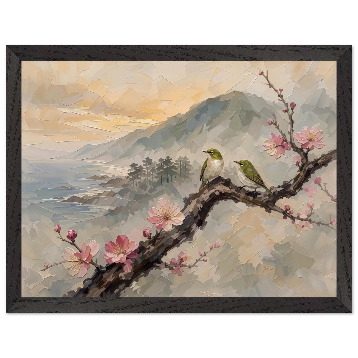 Plum Branch Pair: birds, japanese landscape and japandi. Framed fine art print by The Light Stays.