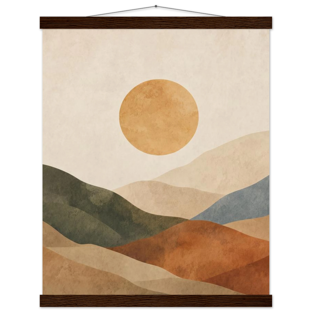 Pôster Clay Sun com suporte de madeira, sol quente sobre colinas em tons de terra