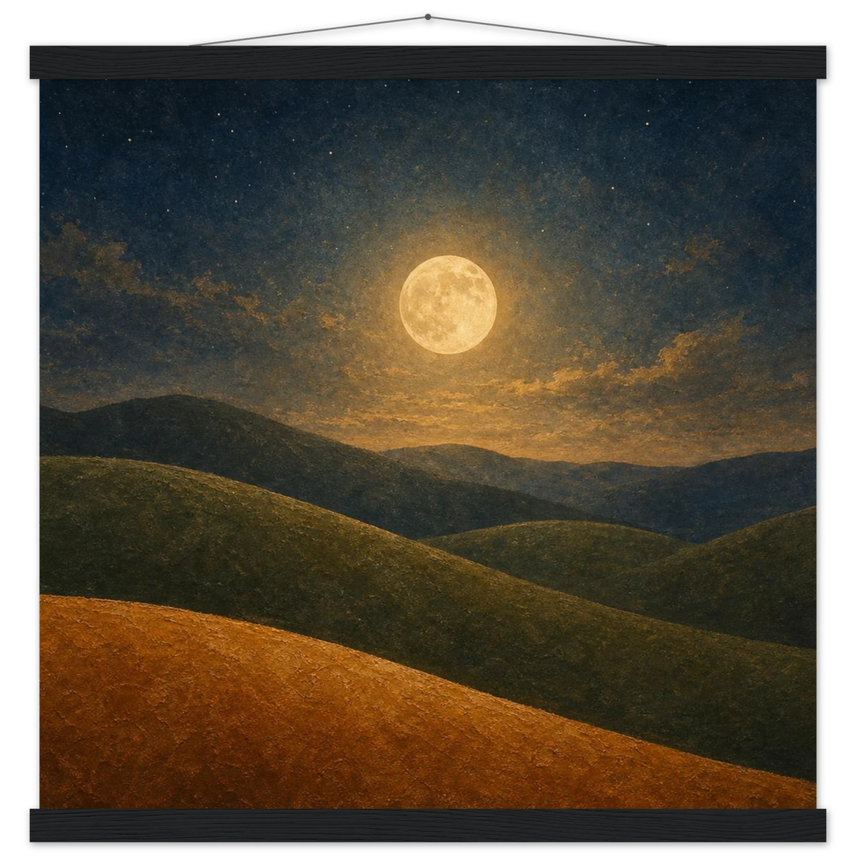 Moon Hills: night, minimalist landscape and charcoal. Fine art poster with wooden hanger by The Light Stays.